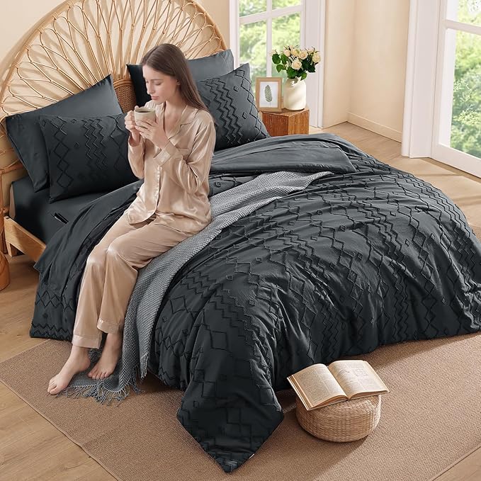 King Size Comforter Set Navy Blue, Tufted Boho Bedding Farmhouse Bed Set, All Season 7 Pieces Bed in a Bag with Sheets, Pillowcases & Shams