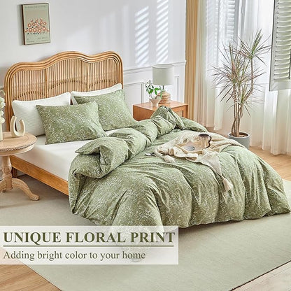 AMWAN Queen Size Comforter Set Forest Green, 3 Pieces Queen Bedding Sets, Vintage Botanical Bedding Set, 1 Comforter with 2 Pillowcases, Aesthetic Floral Comforter Set Soft for All Seasons