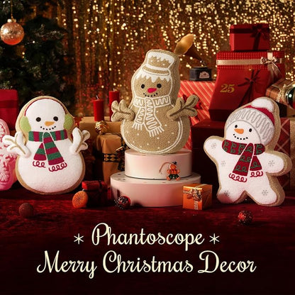 Phantoscope Gingerbread Merry Christmas Throw Pillow, Plush Teddy Xmas Gingerbread Snowman Shaped Pillows with DIY Branch Arms & Earmuffs, Christmas Decorative Pillow for Couch, White, 18x12 inches