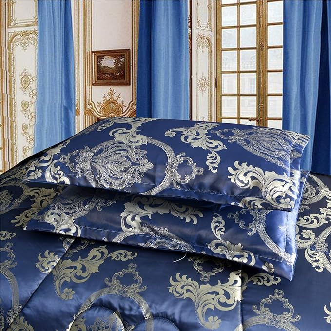 Comforter Set Satin Silk Blanket All Season Bed Luxury Royal Blue Jacquard Quilt Bedding Sets Matching 2 Pillow Shams (Full/Queen, 88x88 inches, 3 Pieces)