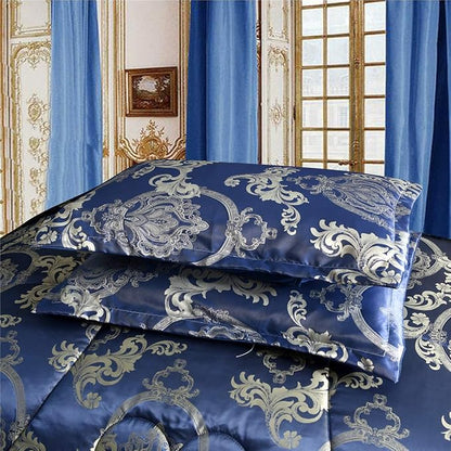 Comforter Set Satin Silk Blanket All Season Bed Luxury Royal Blue Jacquard Quilt Bedding Sets Matching 2 Pillow Shams (Full/Queen, 88x88 inches, 3 Pieces)