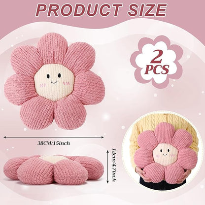 2 Pcs Smile Face Flower Pillows 15" Pink Flower Throw Pillows Decorative Daisy Floor Seating Cushion Aesthetic Cute Seat Cushion for Bed Sofa Couch Home Decor Bedroom Living Room Chair