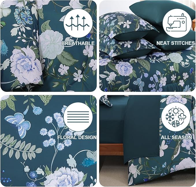 Anibedding 7Pieces Floral King Size Comforter Set, Garden Plant Flower Style Bed in a Bag Blue Bedding Comforter Set with Pillow Case for Bedroom