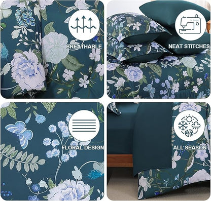 Anibedding 7Pieces Floral Queen Size Comforter Set, Garden Plant Flower Style Bed in a Bag Blue Bedding Comforter Set with Pillow Case for Bedroom