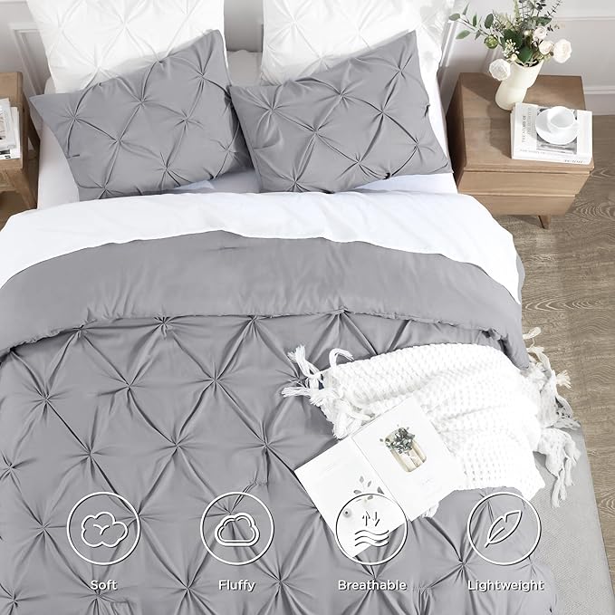 Andency California King Comforter Set Silver Gray (104x96Inch), Western Modern Pinch Pleat Bedding Set 3 Pieces, Oversized Pintuck All Season Soft Down Alternative Bed Set for Men Adults