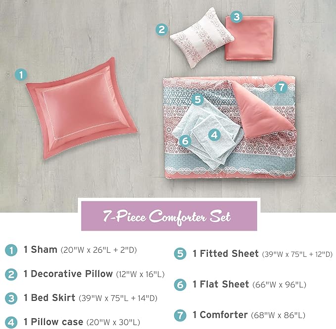 Intelligent Design Complete Bed In A Bag Casual Boho Comforter with Sheet Set Decorative Pillow, All Season Bedding Set, Twin, Loretta Coral 7 Piece