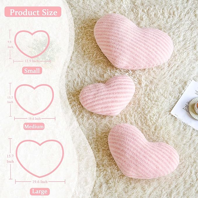Pink Heart Pillows, 12.9" Cute Heart Decorative Pillow, Stripe Heart Shaped Plush Throw Pillows for Bed