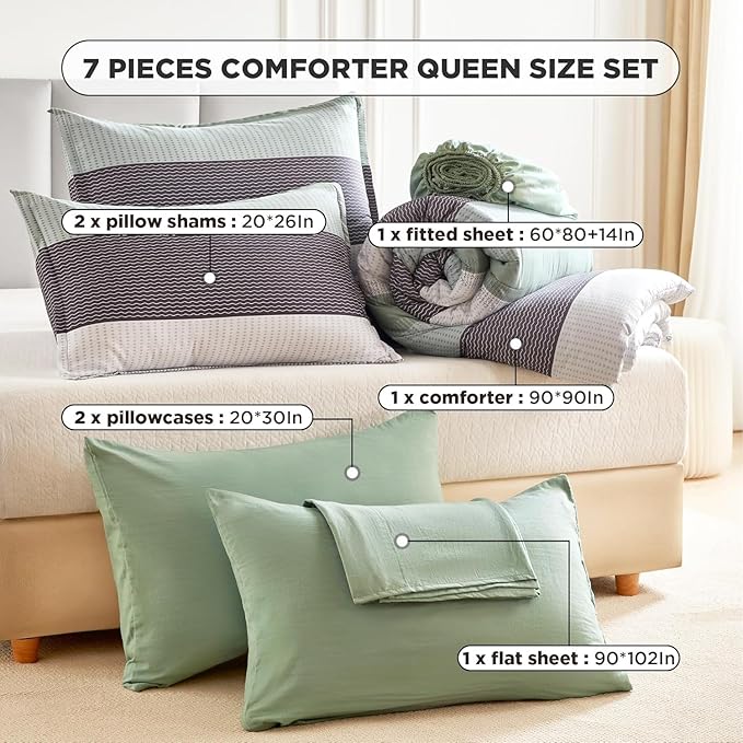 Andency Comforter Set Sage Green Oversized King(128"x120")- 7 Pieces Striped Lightweight Bed in a Bag, Soft Reversible Bedding Set with Comforter, Fitted & Flat Sheet, Pillowcases & Shams