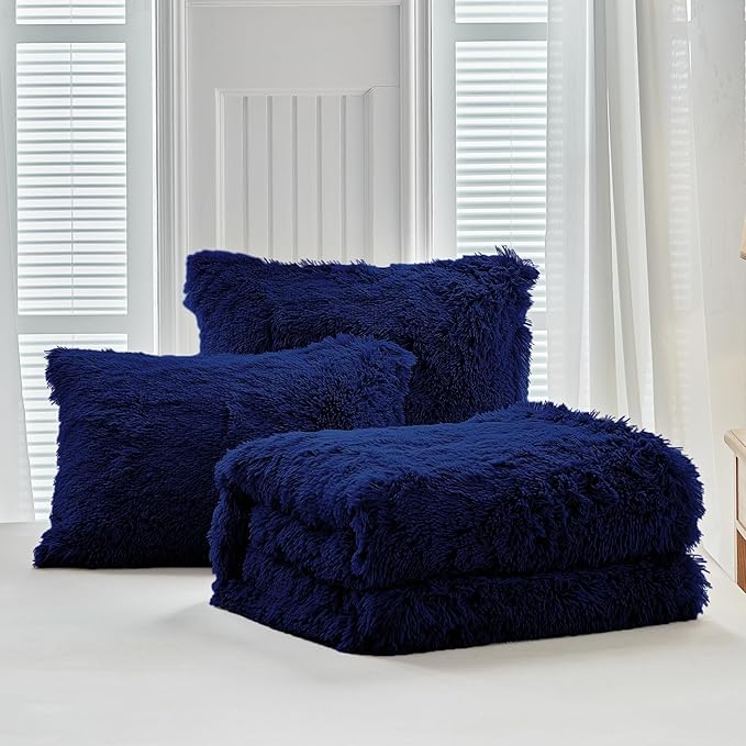 UOZZI BEDDING Navy Faux Fur Comforter Set Twin 3 Pieces - 1 Shaggy Comforter with 2 Pillowcases - Ultra Soft and Easy Care Luxury Plush Warm Winter Fluffy Fleece Duvet Set
