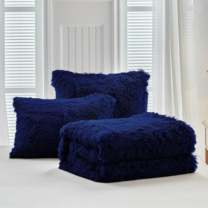 UOZZI BEDDING Navy Faux Fur Comforter Set Twin 3 Pieces - 1 Shaggy Comforter with 2 Pillowcases - Ultra Soft and Easy Care Luxury Plush Warm Winter Fluffy Fleece Duvet Set