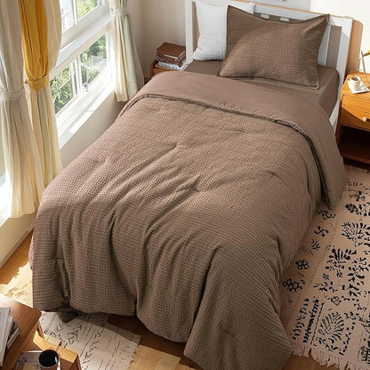PHF Soft Waffle Comforter Set Twin Size- Comfy Breathable Waffle Weave Comforter with 1 Pillow Shams, 2 Pieces Less Snagging Lightweight Textured Bedding Set for All Season, Cocoa Brown
