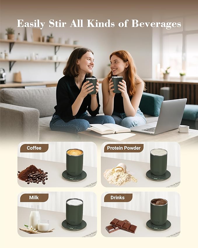 Self-Heating Coffee Mug, Coffee Mug with Self Stirring&Fast Heating, 10oz Temperature Controlled Coffee Cup Warmer, Heated for Tea/Coffee at Office/Kitchen/Travel, with Reusable Coffee Dripper, Green