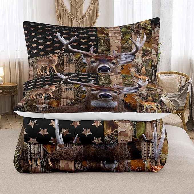 NINENINE Deer Bedding Set, Queen Size Comforter with American Flag, Camo Design for Boys, 3 Piece Set