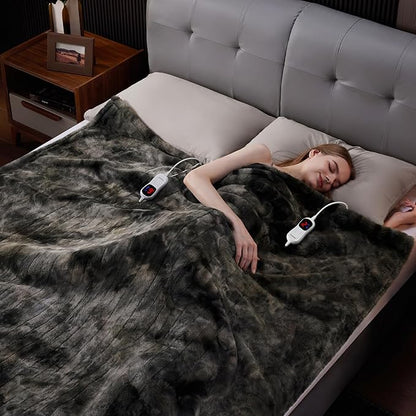 Guohaoi Heated Blanket Electric Throw, Soft Faux Rabbit Fur Electric Blanket with 10 Heating Levels 5 Sitting Timer Auto Off, Dual-Controller Heating Blankets, Machine Washable(90"×100" Dark Grey)