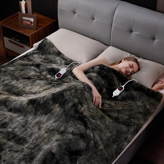 Guohaoi Heated Blanket Electric Throw, Soft Faux Rabbit Fur Electric Blanket with 10 Heating Levels 5 Sitting Timer Auto Off, Dual-Controller Heating Blankets, Machine Washable(84"×90" Dark Grey)