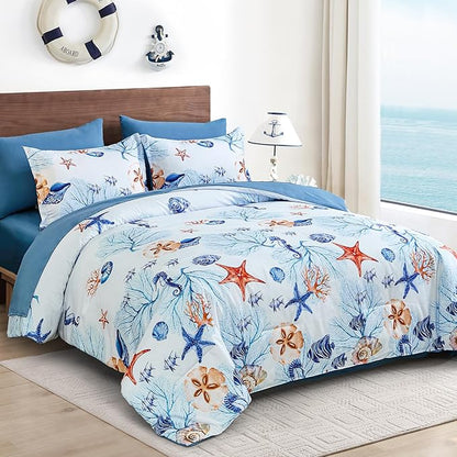 WONGS BEDDING Coastal Queen Comforter Set, 7 Pieces Beach Themed Ocean Sand Dollor & Starfish Pattern Bed in a Bag, Summer Bed Comforter Bedding Set(104"×90")