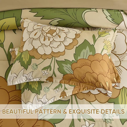 DJY Floral Comforter Set Queen Size Boho Bed in a Bag 7 Pieces Yellow Botanical Pattern Comforter with Sheet Set, Soft Microfiber Farmhouse Bedding Set for All Season (90''x90'')
