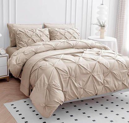 LANE LINEN Twin Comforter Set - 5 Piece - Classic Pintuck Stitch Design Bedding - with 1 Comforter, 1 Pillowcase 1 Shams, 1 Flat & One 14" Fitted Sheet - Lightweight Bedding for Year-Round Use – Beige | Ultra-soft comfort, Everyday soft touch, Durable ...