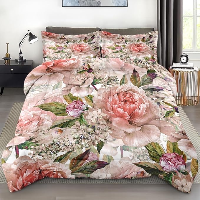 Comforter Set Full Size, Floral Rose Lilac 3 Pcs Soft Bedding Set for Kids and Adults, Green Leaves Botanical Comforter Set with 2 Pillowcases, for Bedroom Bed Decor