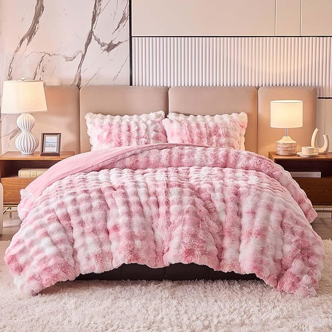 Full Faux Rabbit Fur Comforter Set - 3 Pieces Fluffy Bedding Set Ultra Soft Warm Shaggy Plush Winter Flannel Bedding Set for Girls Women, Skin Friendly Sherpa Comforter Bed Set & 2 Pillow Shams Pink