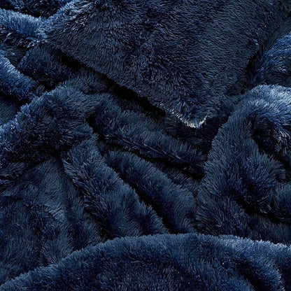 Flysheep Luxury Faux Fur King Size Winter Comforter Set Shaggy Velvet Navy Blue Long Hair, 3 Pieces Plush Flannel Sherpa Backing Reversible Soft Microfiber Super Warm Bedding Set for Holiday