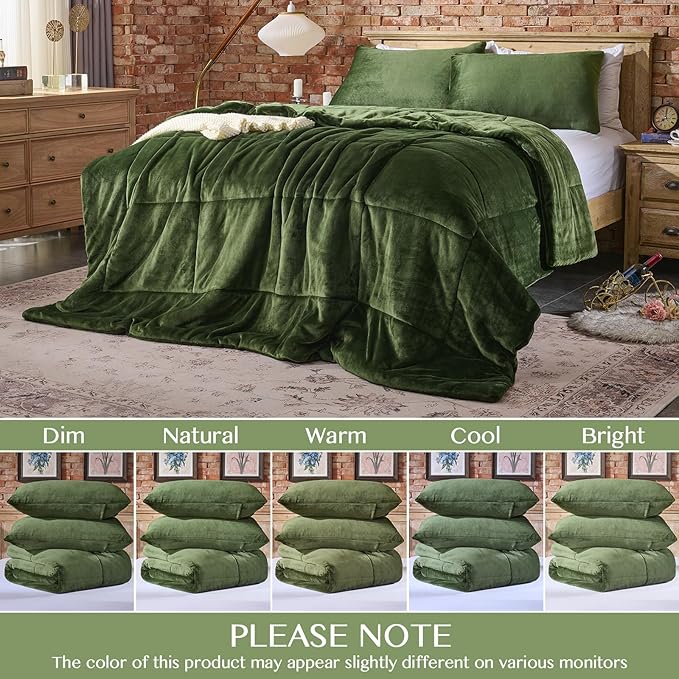 Lotus Karen King Size Comforter Set - Ultra Soft & Warm Velvet Dark Green Comforter Set for Men Women - Cozy Fuzzy Plush Fluffy Luxury Bedding Set 3 Pieces (1 Comforter and 2 Pillowcases)