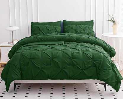 Queen Size Comforter Set – 7 Pc All in One, Bed in a Bag - Featuring Modern Pintuck Stitch Design - Includes Comforter, 2 Pillowcases, 2 Shams, Flat & Fitted Sheet - Apartment Essentials - Olive Green | Apartment ready, Textured bed look, Light comfort...