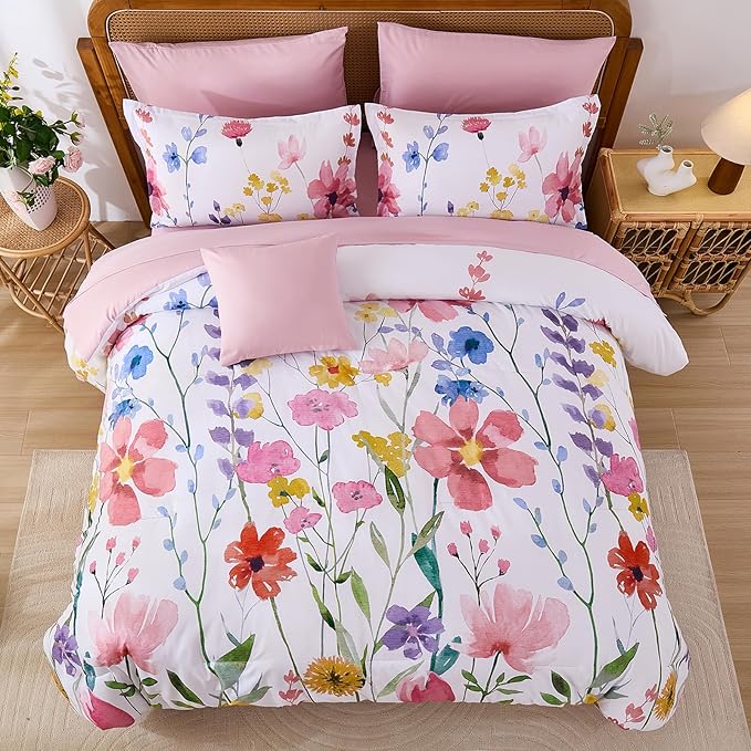 Annibedding Pink Floral King Size Comforter Set, 8 Piece Soft Microfiber Flower Bed in a Bag Bedding Set with Pillowcase and Sheets for All Season (Pink,90"x104")