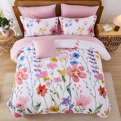 Annibedding Pink Floral King Size Comforter Set, 8 Piece Soft Microfiber Flower Bed in a Bag Bedding Set with Pillowcase and Sheets for All Season (Pink,90"x104")