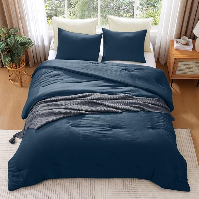 WRENSONGE Full Size Comforter Sets - 3 Pieces Serenity Blue Comforter Prewashed Soft Lightweight for All Seasons, Fluffy Down Alternative Comforter Full Size with 2 Pillow Shams