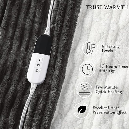 Electric Blanket Heated Twin Blanket, Super Soft Flannel & Sherpa Electric Twin Blanket with 6 Fast Heating Levels, 10 Hours Auto Off & OverHeat Protection, Machine Washable, 62'' X 84'', Dark Gray