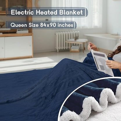 Heated Blanket Electric Blanket Queen Size 84''x90'' with 9 Heating Levels, 1-10 Hour Auto Shut Off, Machine Washable, Dual Controller Soft Warming Blanket for Couch, Bed, Office - Navy