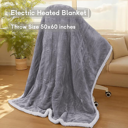 Heated Blanket Electric Throw Size 50''x60'' with 9 Heating Levels, 1-10 Hour Auto Shut Off, Machine Washable, Flannel & Sherpa Double-Sided Soft Warming Blanket for Couch, Bed, Office - Light Grey