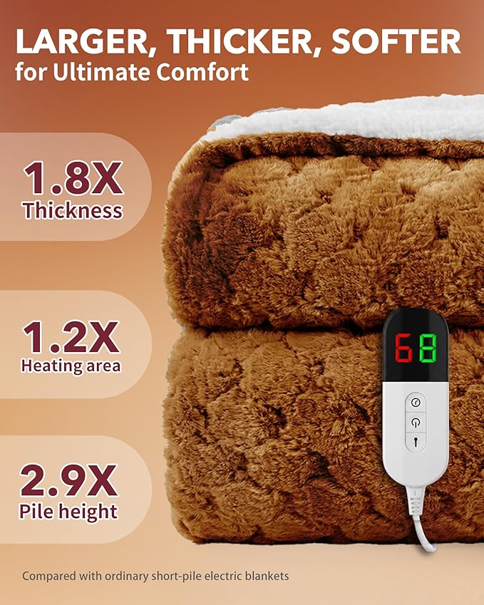Homemate Heated Blanket Electric Throw - 50"x60" Heating Blanket Throw 4 Hours Auto-Off 10 Heat Levels Over-Heat Protection Luxury 800 GSM Faux Fur 200 GSM Sherpa ETL Certification