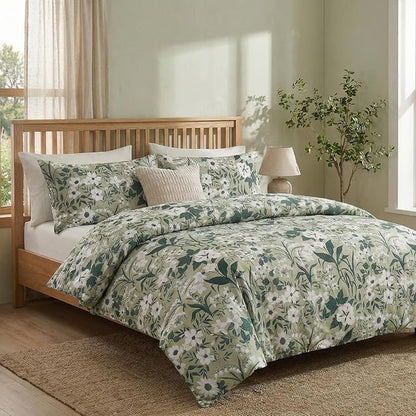 100% Cotton Comforter Queen Size Sage Green Floral Bedding Set Reversible Botanical Comforter Set 3 Pcs Cottagecore Aesthetic Soft Bedding Sets for All Season