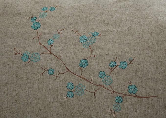 Chezmoi Collection Noriko Luxury 7-Piece Teal Cherry Blossoms Floral Embroidery Bedding Comforter Set, Full