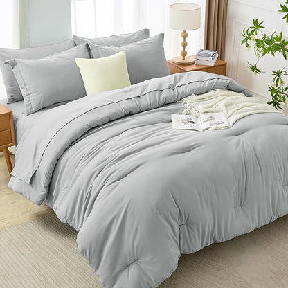 MUXHOMO 7 Pieces Full Comforter Set, Soft Bed in a Bag Full Size, All Season Bedding Set with Comforter, Flat Sheet, Fitted Sheet, Pillowcases & Shams, Light Grey