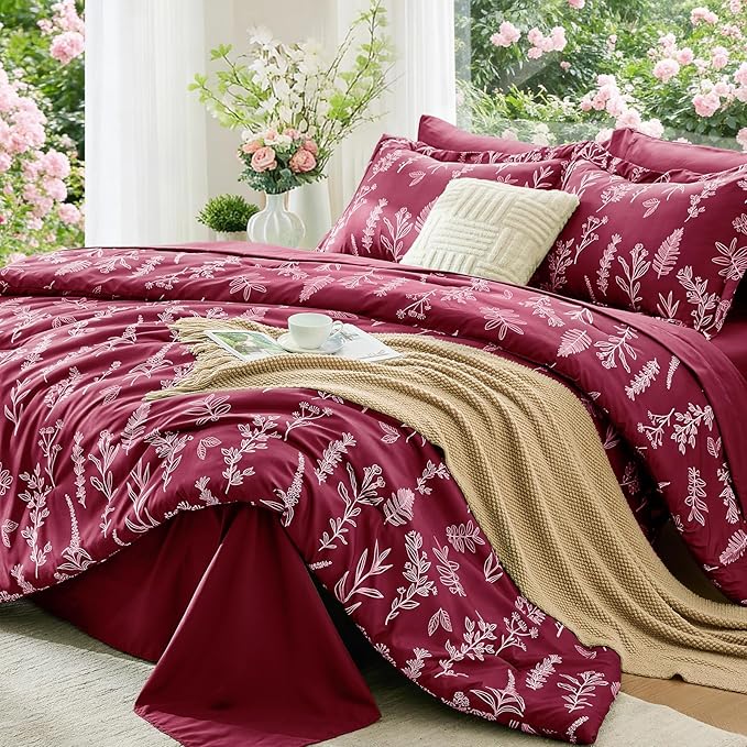 MUXHOMO Burgundy Bed in a Bag Queen 7 Pieces, Queen Comforter Set Reversible Botanical Flowers Design, Ultra Soft & Breathable Bedding Sets with Comforter, Sheets, Pillowcases & Shams