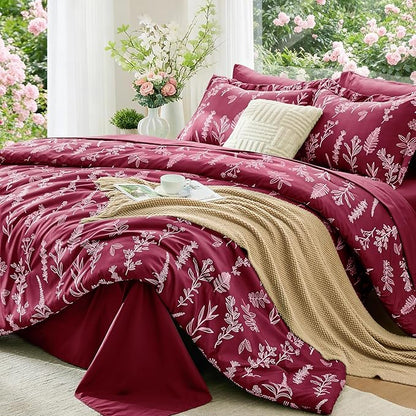 MUXHOMO Burgundy Bed in a Bag Queen 7 Pieces, Queen Comforter Set Reversible Botanical Flowers Design, Ultra Soft & Breathable Bedding Sets with Comforter, Sheets, Pillowcases & Shams