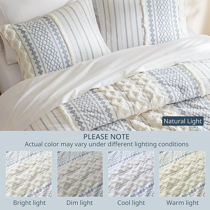 Ink+Ivy Comforter for King Size Bed, Chenille Tufted, Breathable Cotton Comforter Set King, All Season Modern Boho Comforter with Farmhouse Bedding Flare, 2 Matching Shams, King White/Navy 3 Piece