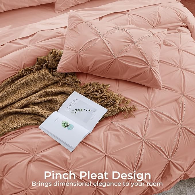 Sasttie Full Size Comforter Set, 7-Piece Bed in a Bag Double, Pintuck Bedding Set for All Season, Includes Comforter, Flat Sheet, Fitted Sheet, Pillowcases and Pillowshams, Blush