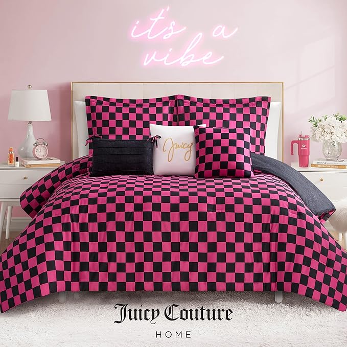 Juicy Couture Reversible Checkerboard Comforter Set 6-Piece Full/Queen Set, Black/Hot Pink