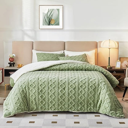 Joyreap 3-Piece Fluffy Faux Fur Sherpa Comforter Set Green, Twin Size Luxury Tufted Bedding Comforter Set, All Season Soft n Cozy Plush Comforter Bed Set- 68x86 inches