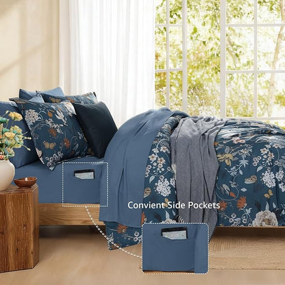 CASAAGUSTO Full Size Comforter Sets - 7 Pieces Blue Floral Bedding Sets, Bed in a Bag Full with Botanical Butterfly Comforter, Sheets, Pillowcases & Shams for All Seasons