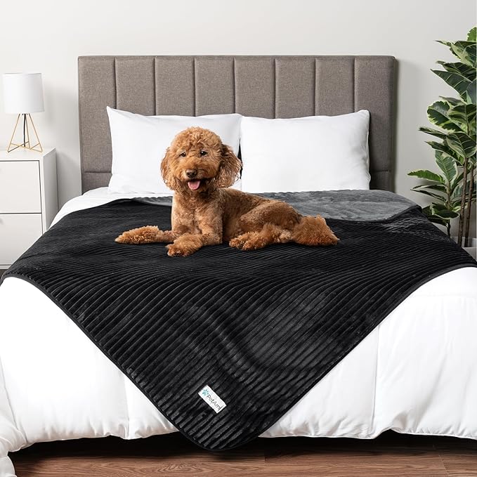 PetAmi Waterproof Dog Blanket, Leakproof Pet Blanket for Small Medium Large Dogs, Reversible Furniture Bed Sofa Couch Cover Protector, Plush Striped Pet Throw for Indoor Cat, 40x60 in, Black Grey