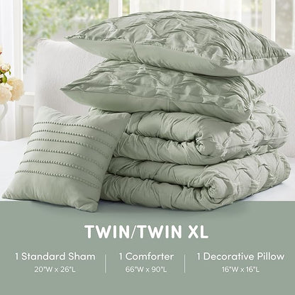 Comfort Spaces Twin/Twin XL Comforter Set for College Ogee Ruched Crinkle Texture Breathable Comforter Set Twin Dorm All Season Lightweight Bedding Set Shabby Chic Décor Pilow Green 3 Piece
