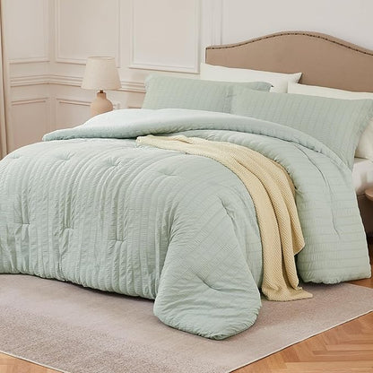 Sagegreen Full Comforter Set - 3 Pieces Seersucker Lightweight Bedding Comforter Sets (1 Soft Fluffy Comforter & 2 Pillowcases) - All Seasons Cozy Farmhouse Bed Sets for Women Men
