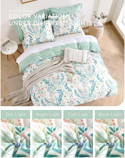 Botanical Cotton Comforter Queen Size 3Pcs - Cute Garden Floral Design with Green Leaves & Coral and Pink Flowers,Sage Striped Reverse,Lightweight Reversible Bedding Sets(Full/Queen,90"×90")