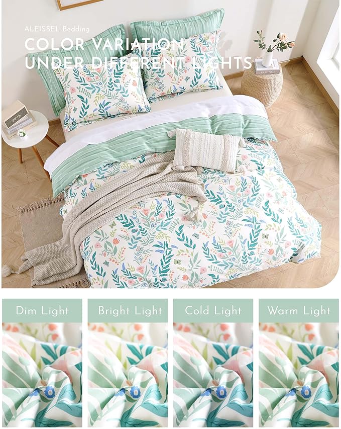 Botanical Cotton Comforter King Size 3Pcs - Cute Garden Floral Design with Green Leaves & Coral and Pink Flowers,Sage Striped Reverse,Lightweight Reversible Bedding Sets(King,104"×90")