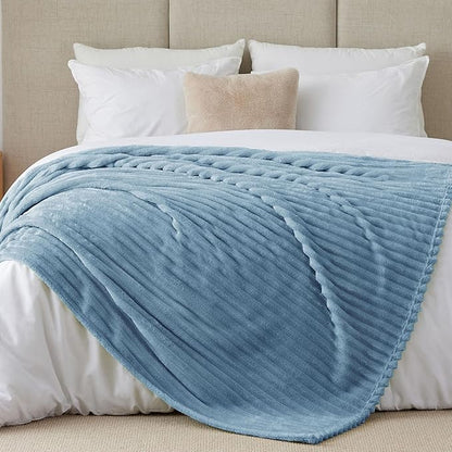 BEDELITE Full Size Blanket for Bed, 300GSM Soft & Warm Fleece Light Blue Blanket, Decorative and Giftable Striped Blankets for Women, Men, 84"x90"